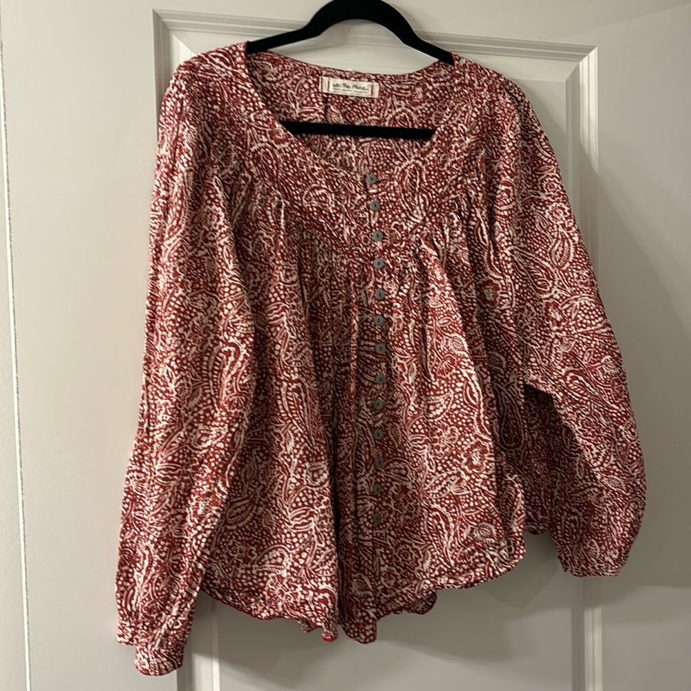 Free People Red and White Paisley Button-Front Blouse